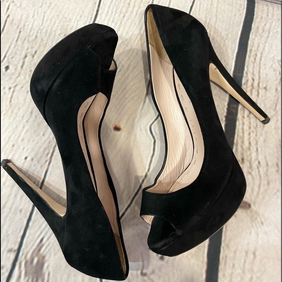 Miu Miu Shoes - Miu Miu Peep Toe Platform Pumps Women Black Suede Heel Shoes  37.5/US 7